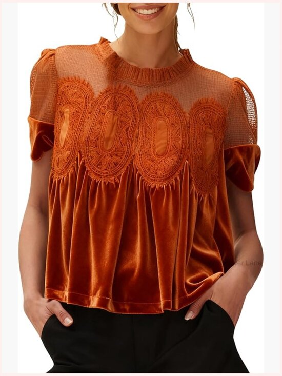 Tops - Velvet Lace Short Sleeve Blouse Flared Swing Top Loose Fit Blouse
